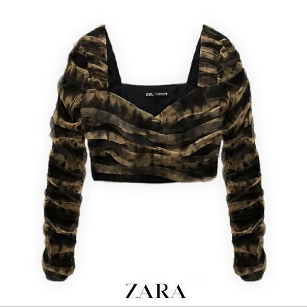 Zara CORSETRY TULLE CROP TOP Black Tan Long Sleeve Mesh Cropped Top Small NWT - Image 5