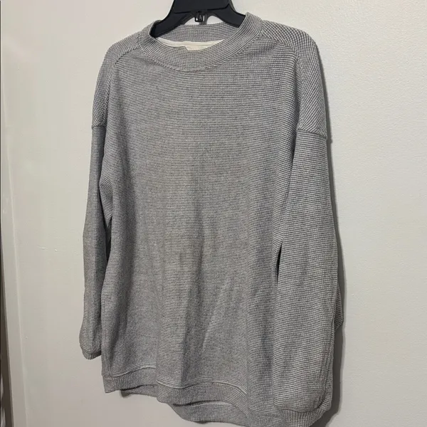 Aerie Gray White Waffeknit Oversized Crewneck Pullover Sweatshirt - Image 2