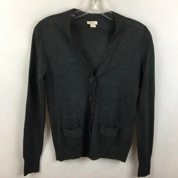 J Crew Wool Blend Dark Gray Button Up Long Sleeve Fitted Cardigan Sweater - Image 3