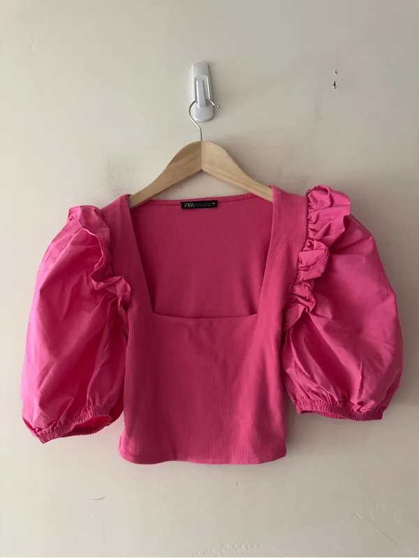 ZARA Hot Pink Puff Sleeve Square Neck Ribbed Crop Top - Image 2
