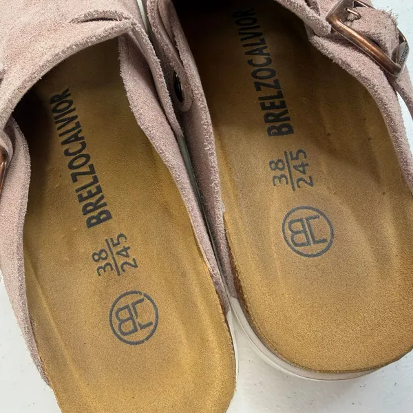 Boston Womens 7.5 Mules Clogs Suede Taupe Platform Buckle Shoes‎ Size 38 - Image 7