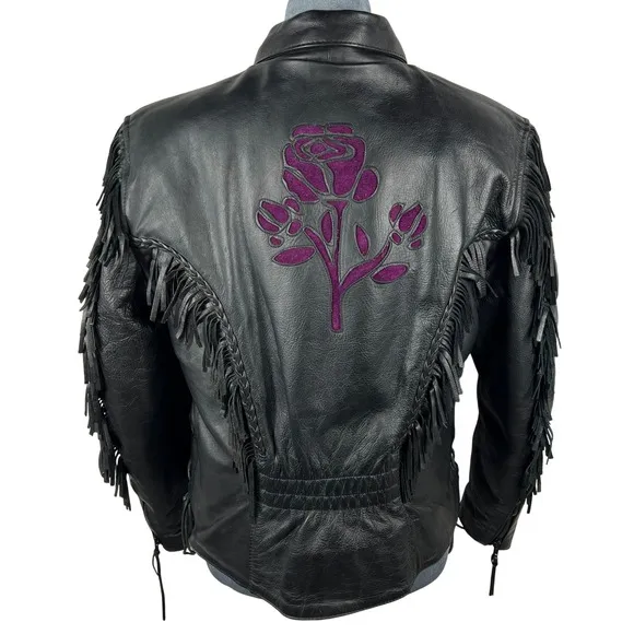 UNIK Leather Fringe‎ Biker Jacket Small Black Purple Rose Inlay Motorcycle Goth - Image 2