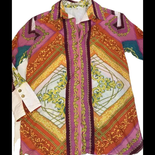 VIPAVADEE STUNNING Luxury Designer PRINT BUTTON FRONT‎ SHIRT 3/4 SLEEVES SZ S - Image 4