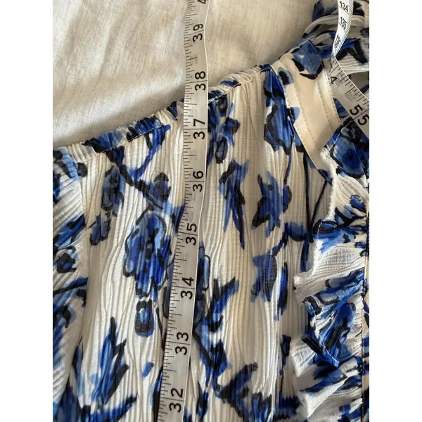 Tory Burch Shirt Dress Belted Sz 0 Blue White Floral Pleated Ruffle High Neck - Image 8