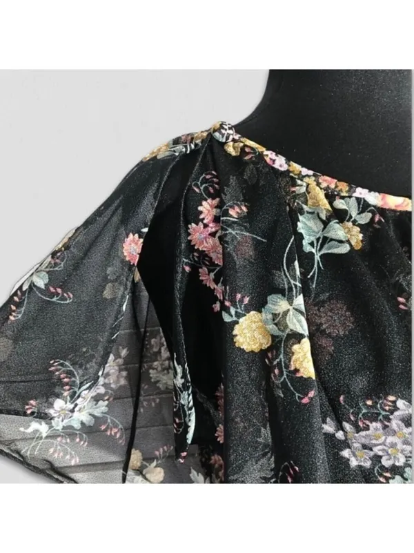 Vintage 80s Floral Full Swing Dress Black Boho Medium - Image 4