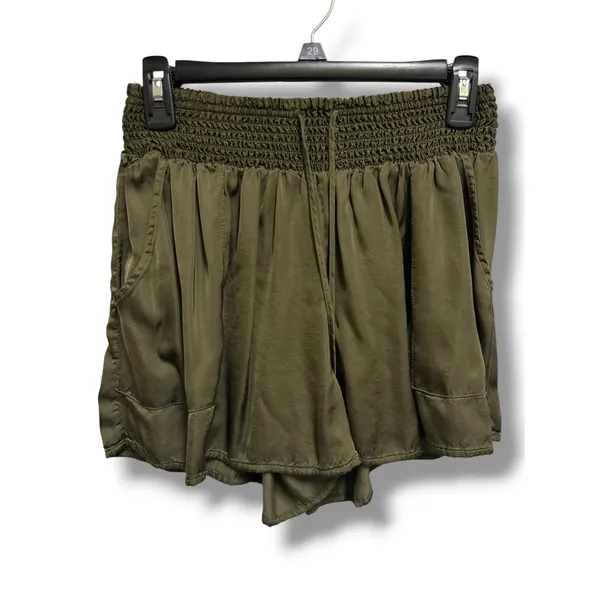 Aerie Smocked Waist Flowy Shorts Olive Green‎ Viscose Pockets Womens Small - Image 2
