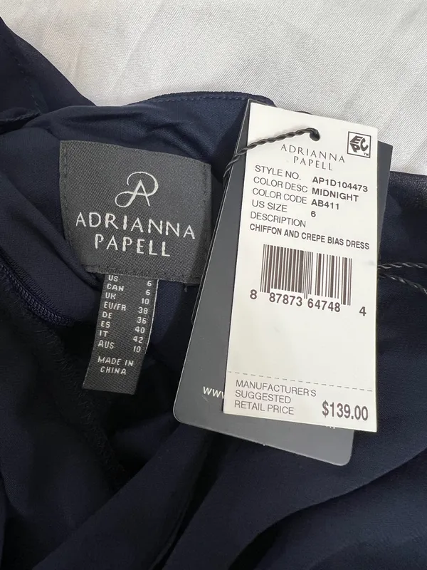 NWT Adrianna Papell Navy Blue Chiffon And Crepe Mock Neck Bow Dress Size 6 - Image 9