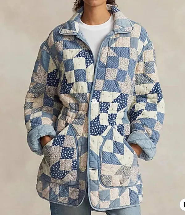 Patchwork Bomber Jacket by Tangibles Blue Cotton Florals Gingham Size M - Image 11