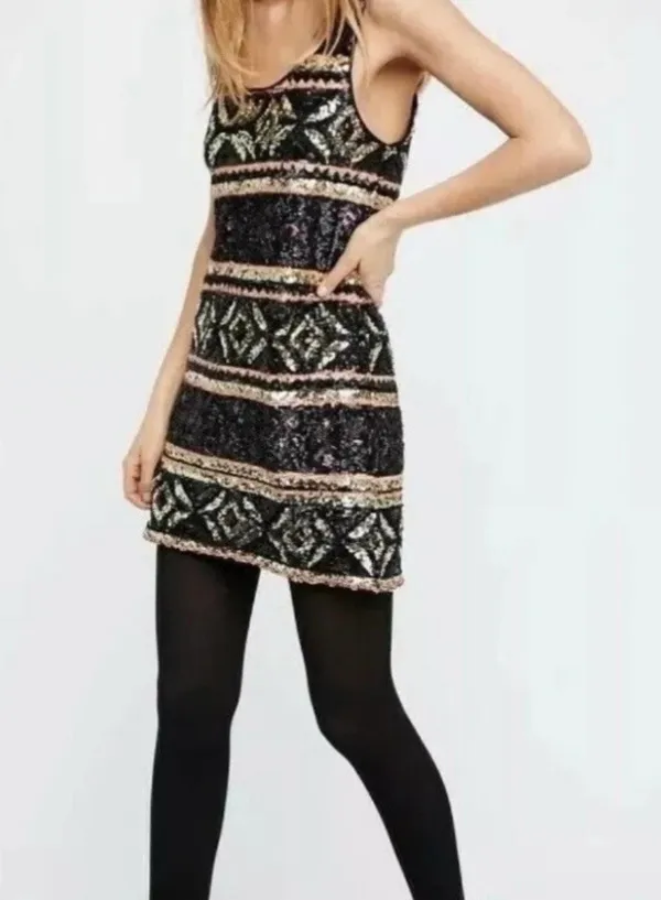 FREE PEOPLE Women’s M Geometric Print Sequin Shift Dress Black Tan Gold size XS - Image 5