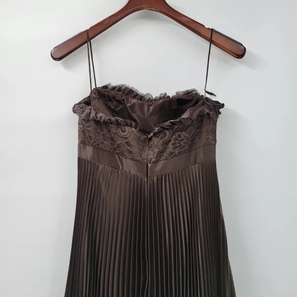 Badgley Mischka Evening Gown Dress Size 8 Brown Pleated Empire Waist Lace Bodice - Image 10
