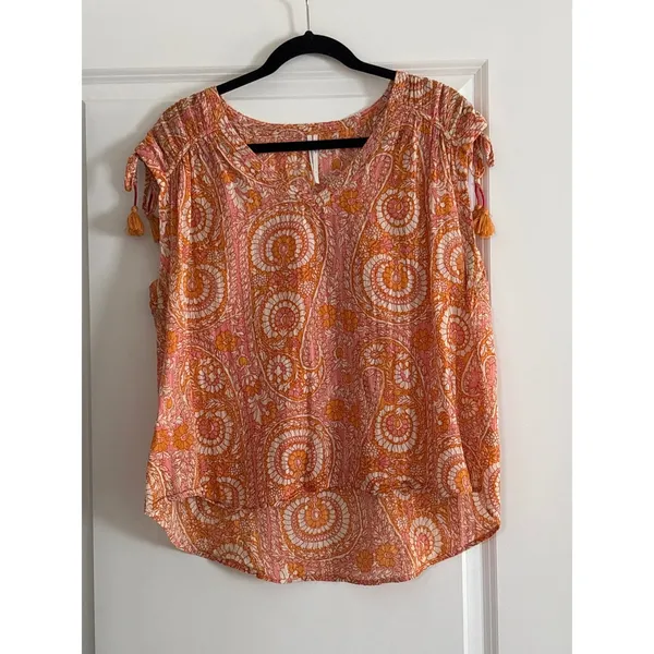 Anthropologie Terra Shirred Orange Paisley Tassel Tie V-Neck Blouse Large - Image 4