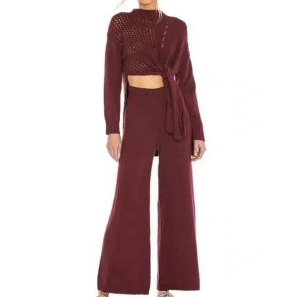 Free People‎ Women's Around The Clock Knit Sweater Pants Set Maroon Size XS H - Image 2