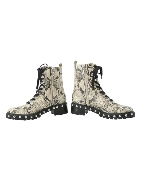 Schutz Andrea Studded Snakeskin Print Leather Zip Up Wedge Black Combat Boots 9 - Image 5