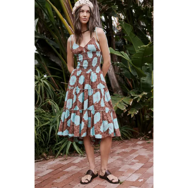 Free People Bohemian Beachy Hawaiian Adriel Midi Dress Brown Blue Floral Size XL - Image 2
