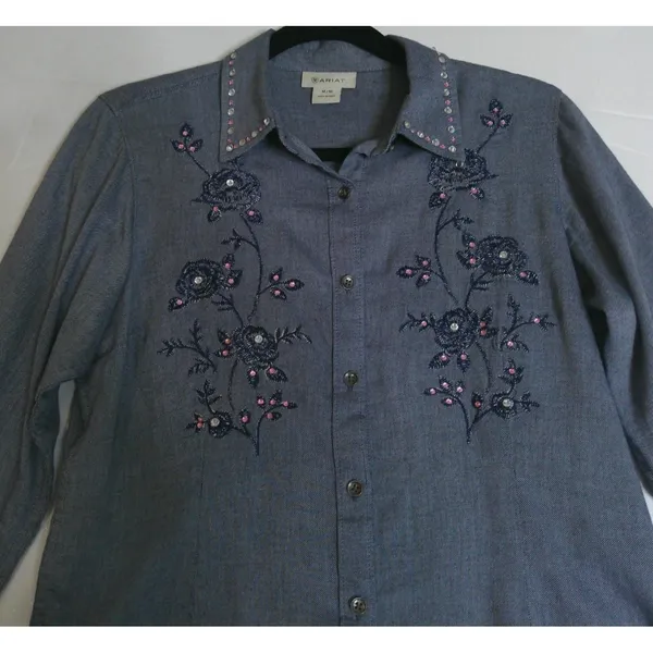 Ariat Womens M Button Down Shirt Blue Floral Embroidered Rhinestone Western Top - Image 2