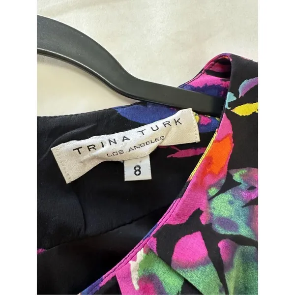 Trina Turk Black Multicolor Floral Print Cap Sleeve Silk Sheath Dress Size 8 - Image 5