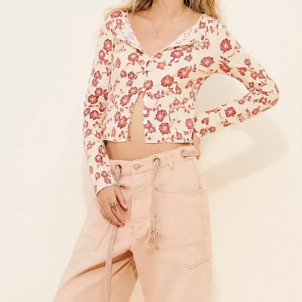 NEW Free People Tilly Tea Combo Ivory Floral Button Front Cotton Long Sleeve Top - Image 3