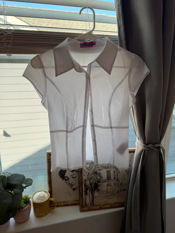 Edikted White Sheer Collared Button Up Baby Tee Top Y2K - Image 5