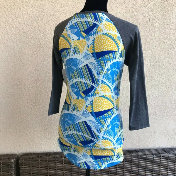 LuLaRoe Womens Top Size XXS Randy Baseball Tee Yellow Blue White Gray NEW‎ - Image 3