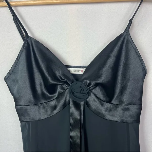 Victoria's Secret Black‎ Satin Chiffon Rose Teddie Chemise Nightgown Slip XS - Image 3