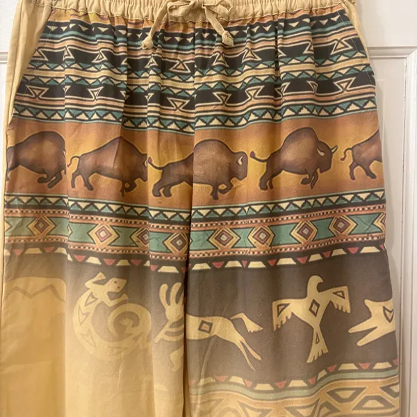 ADOR Wide Leg Western Buffalo Pants L Cotton Linen Boho Graphic NEW NWT - Image 2