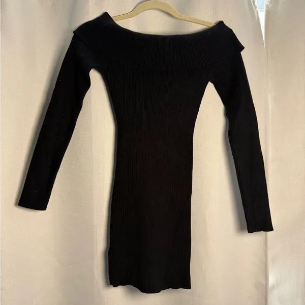 Edikted Black Emma Foldover Off The Shoulder Ribbed Knit Dress Size XS / S - Image 4