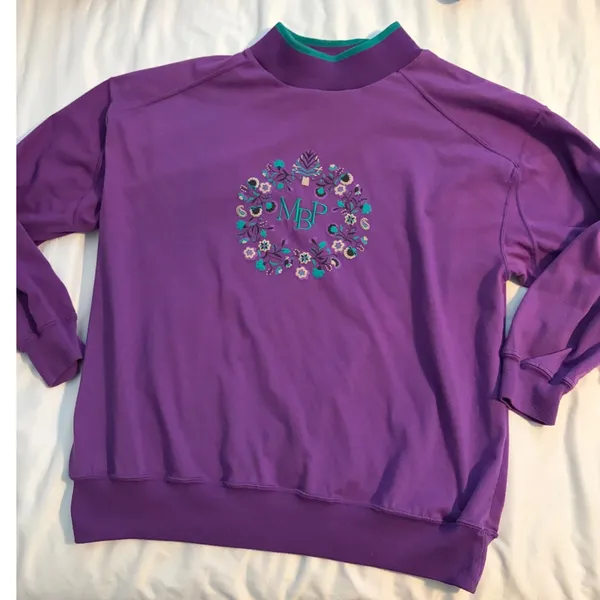 Vintage Grannycore Purple Sweatshirt Floral Embroidered Mock Neck M‎ - Image 2