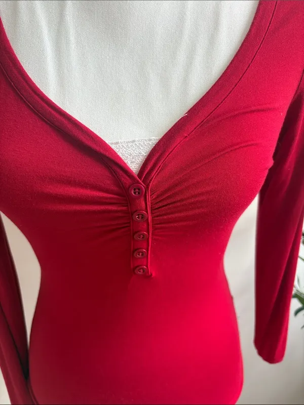 Amazon Long Sleeve Henley V-Neck Top - Red - Image 2