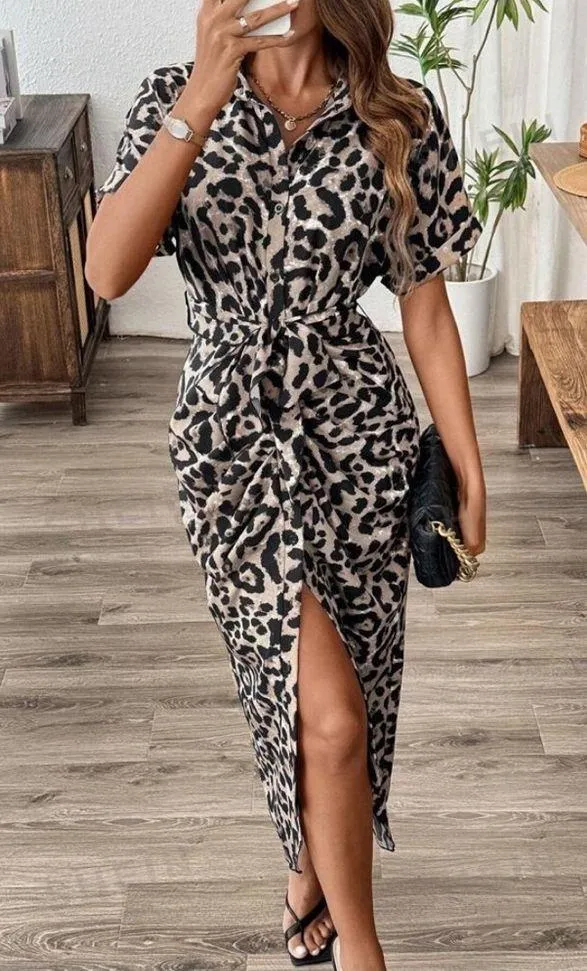 Abstract Print (NOT Animal Print) Short Sleeve Button Down Tie Dress - Image 2