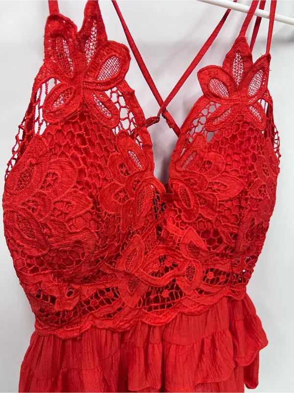 Red Lace bohemian tank top Strappy Camisole crochet peplum tiered bralette M - Image 10