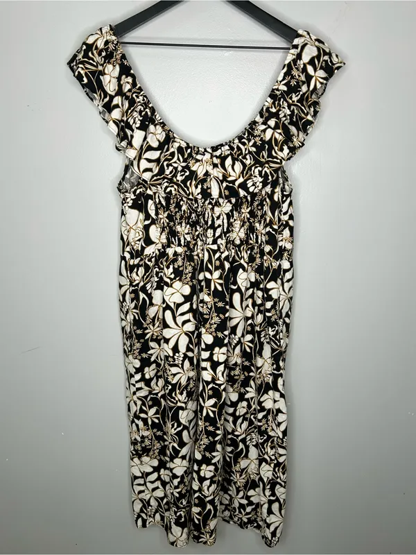 Ava & Viv Linen Blend Ruffle Top Black and Tan Floral Dress Size XXL - Image 4