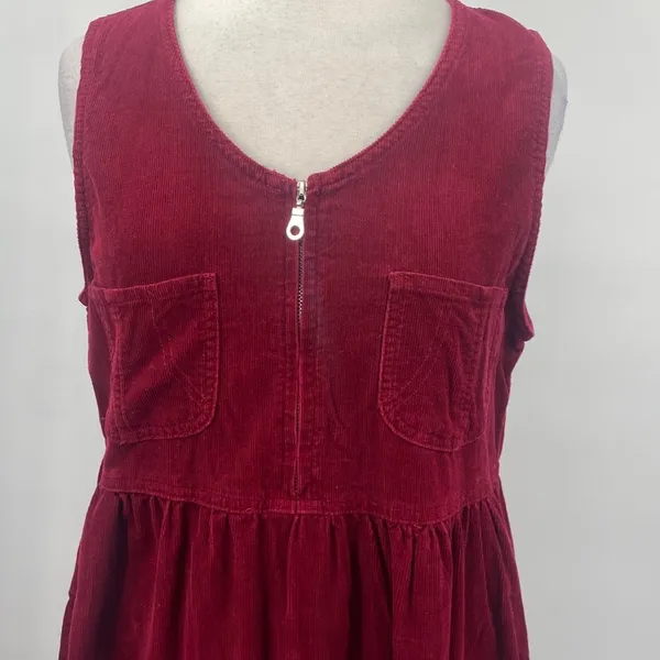 Vintage 90s Corduroy Zipper Front Cotton Maxi Dress Maroon Red Womens Large - Image 4