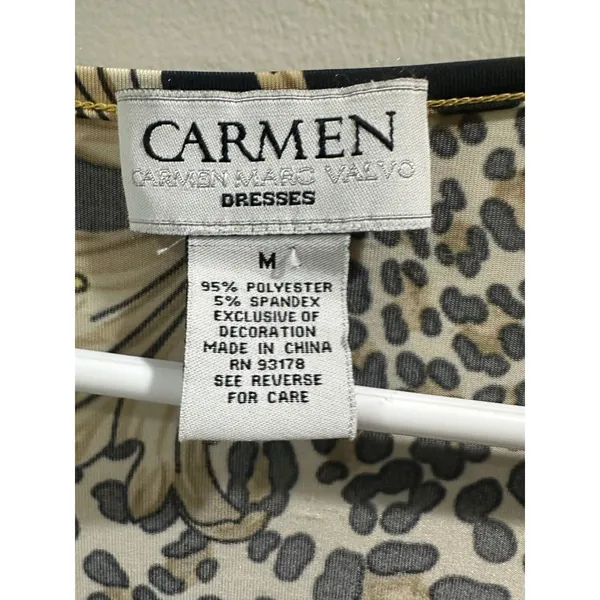 Carmen Marc Valvo Yellow Baroque Leopard Print Faux Wrap Dress Gold Stud Medium - Image 6