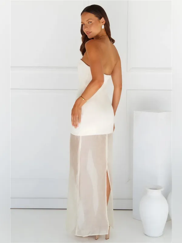 Elegant Strapless Cream Maxi Dress with Sheer Lower Skirt - Image 4
