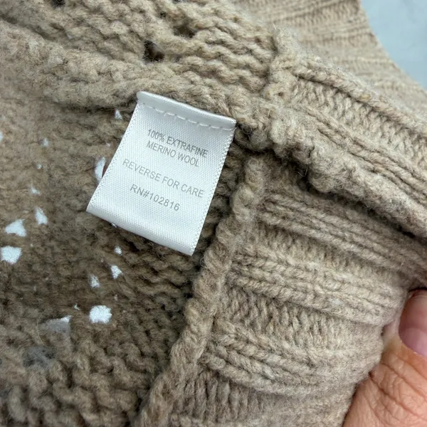 Garnet Hill Womens XS‎ Extra Fine Merino Wool Crochet Knit Cardigan Sweater Tan - Image 2