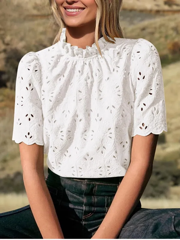 PrettyGarden Womens Small White Eyelet Embroidered Puff Sleeve Ruffle Top - Image 3