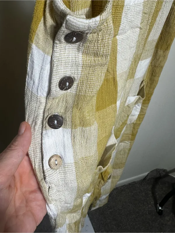 H26. Free People Mustard & White Plaid Tie-Shoulder Linen Jumpsuit - Image 2