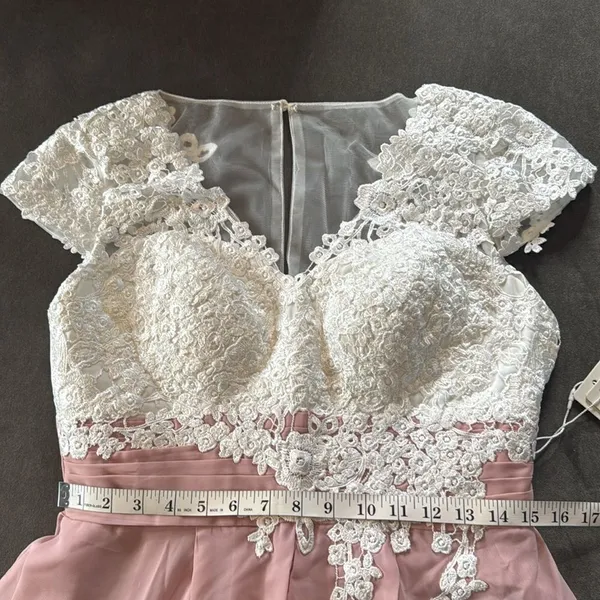 Women’s Ivory Lace Top Pink Chiffon V-Neck Cap Sleeves Formal Dress Size 10 NEW - Image 7
