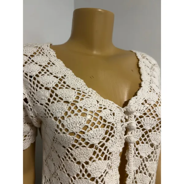 SWL Sport Ltd Womens Cream Crochet Open Knit Short Sleeve Cardigan Sweater Small - Image 3