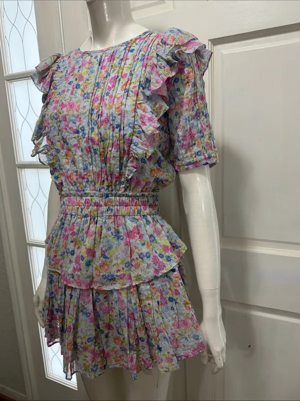 LoveShackFancy 100% Cotton Smocked Ruffle Mini Dress Blue & Pink Floral Size XS - Image 8