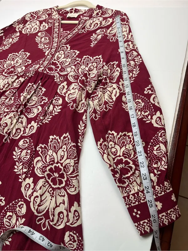 Sézane Boheme Burgundy Red Cream Boho Floral Long Sleeve Midi Maxi Dress‎ Medium - Image 8