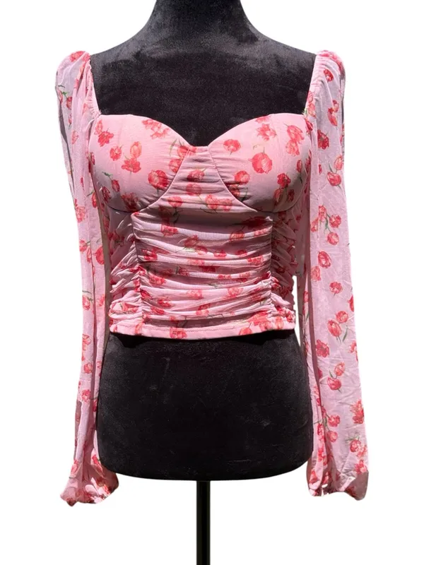 Fore Pink‎ Floral Mesh Ruched Bustier Crop Top Long Sleeve Square Neck Size L - Image 2