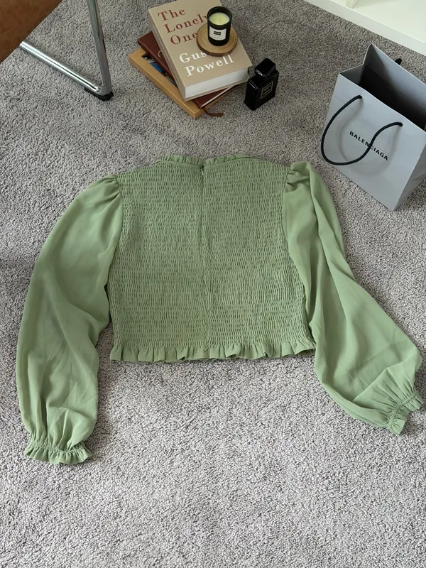 Sage Green Smocked Puff Long Sleeve Crop Top Ruffle Trim Casual Blouse - Image 6