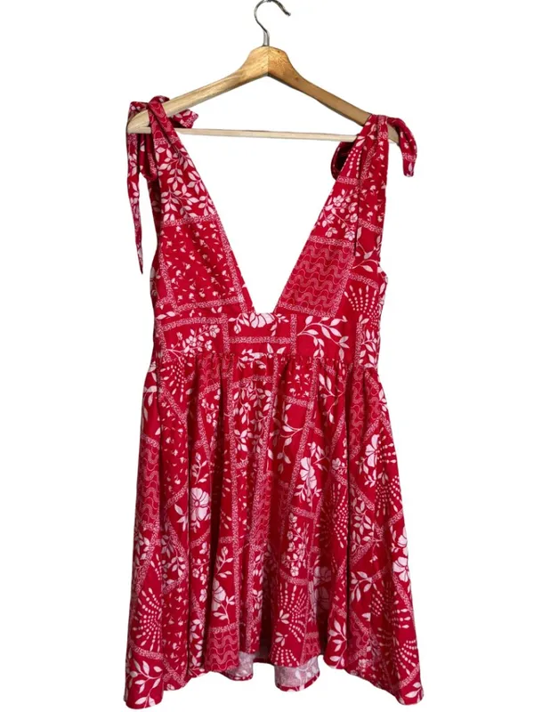 House of Harlow 1960 Linen Bandana Print Mini Dress Women Medium Red Bow Revolve - Image 5