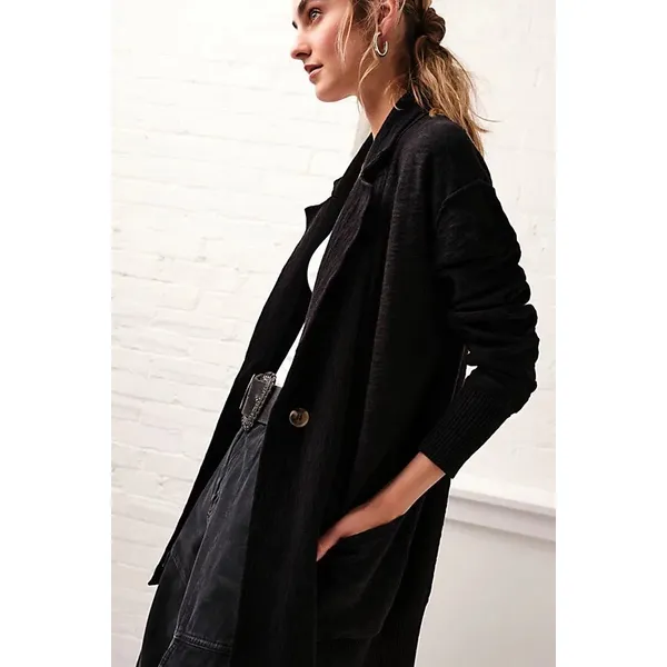 Free People Black Boucle Double‎ Breasted Cardigan Jacket Shawl Collar Womens S - Image 2