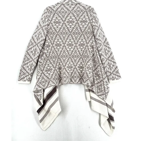Old Navy Long Cardigan Women L Taupe Cream Geometric Waterfall Open Front Boho - Image 2