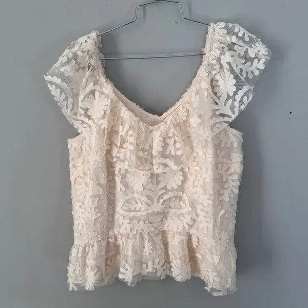 Anthropologie Textured Off The Shoulder Lace Blouse Cream Large - Image 3
