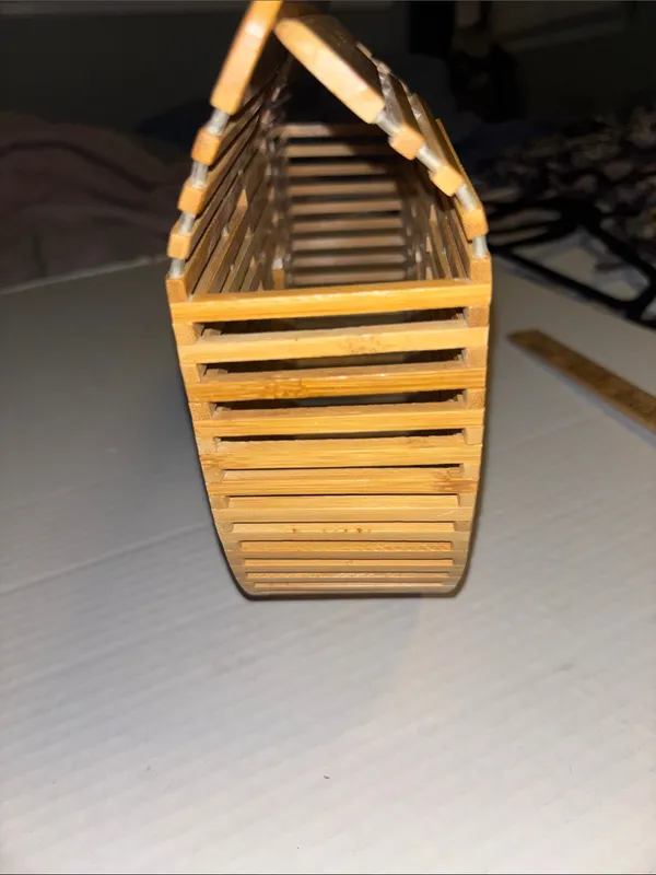 Tan Bamboo Structured Slat Handbag Fan Shaped Semi Circular Design Top Handles - Image 3