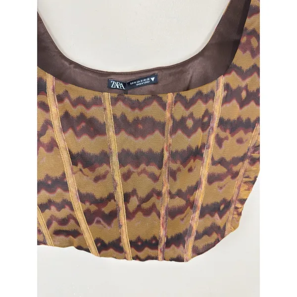 NWT Zara Mesh Corset Top Bustier Size M Brown Geometric Print Y2K Boho Chic - Image 3