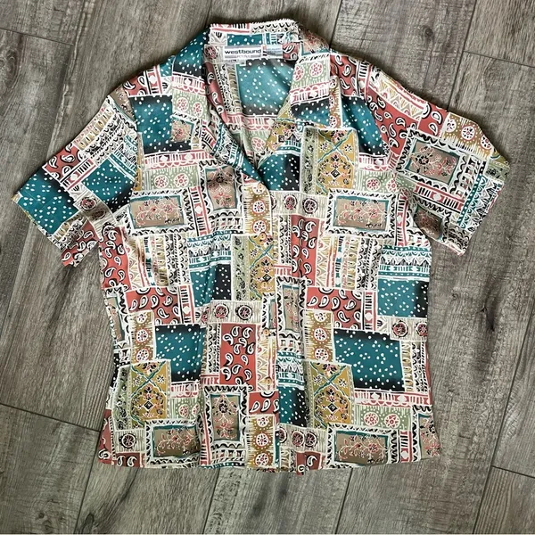 VINTAGE 1990s patchwork pattern button down blouse - Image 8